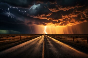 Stormy sky with lightning over road. Generative AI