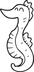 freehand drawn black and white cartoon seahorse