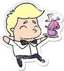 distressed sticker cartoon illustration of a kawaii cute waiter