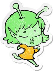 distressed sticker of a cartoon alien girl