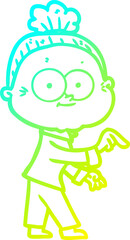 cold gradient line drawing of a cartoon happy old woman