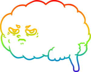 rainbow gradient line drawing of a cartoon angry brain