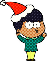 hand drawn comic book style illustration of a curious boy wearing santa hat