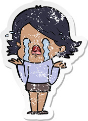 distressed sticker of a cartoon woman crying
