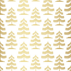 Obraz premium Christmas tree gold seamless pattern. Winter forest graphic Noel print, New year holidays golden decoration, background with fir tree, wallpaper, wrapping paper design, gift wrap.