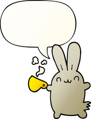 cute cartoon rabbit drinking coffee with speech bubble in smooth gradient style