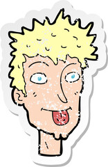 retro distressed sticker of a cartoon man sticking out tongue
