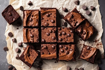 Homemade brownie sweet cake cut on pieces, flatlay. Generative AI