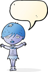 cartoon waving vampire girl with speech bubble