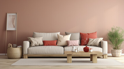 Sandy Beige Sofa with Light Coral Pillows against a Neutral Beige Wall