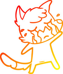 warm gradient line drawing of a crying waving fox cartoon