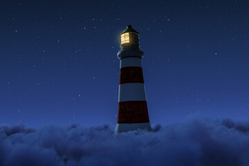 3D rendering of an illuminated lighthouse over fluffy clouds at starry night