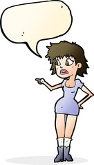 cartoon worried woman in dress pointing with speech bubble