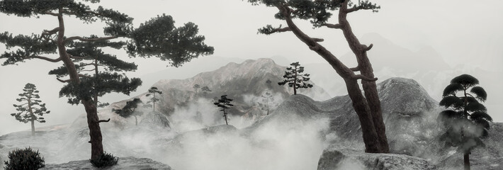 3D rendering of asian landscape with hills and mountains covered by fog