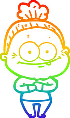 rainbow gradient line drawing of a cartoon happy old woman