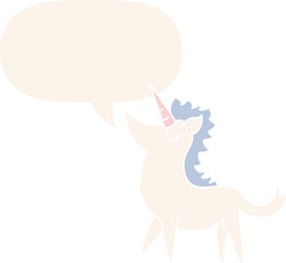 cartoon unicorn with speech bubble in retro style