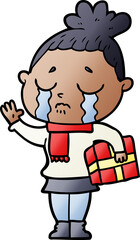 cartoon crying woman with christmas gift