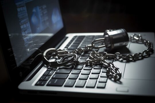 handcuffs on laptop keyboard. Generative AI