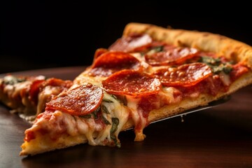 flavorful pizza slice topped with pepperoni and seasoned tomato sauce. Generative AI