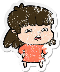 distressed sticker of a cartoon worried woman