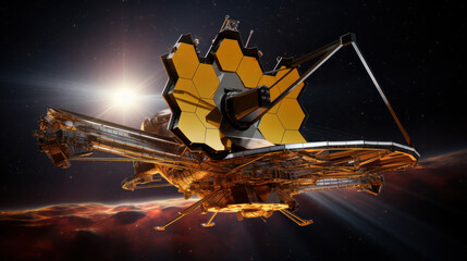 Radio telescope in outer space on orbit of planet. Satellite for studying deep space.