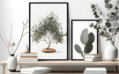 Minimalist home office decor with Scandinavian living room, poster frame mock-up on wooden table, textured vase with eucalyptus branches, old books stack, and a white wall