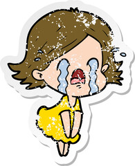 distressed sticker of a cartoon woman crying