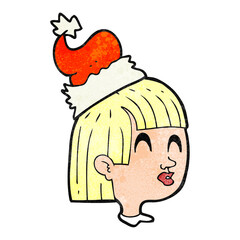 freehand drawn texture cartoon girl wearing christmas hat