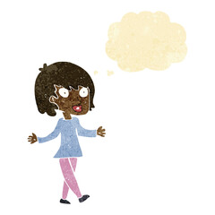 cartoon woman with open arms with thought bubble