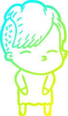 cold gradient line drawing of a cartoon squinting girl