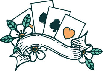 iconic tattoo style image of cards and banner