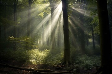A beam of light amidst a dense woodland. Generative AI