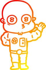 warm gradient line drawing of a waving weird bald spaceman