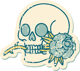 iconic distressed sticker tattoo style image of a skull and rose
