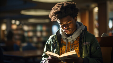 Concentrated Afro-American individual in a green jacket reading a book in a public setting with dim lighting. - obrazy, fototapety, plakaty