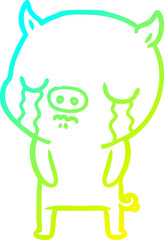 cold gradient line drawing of a cartoon pig crying