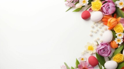 Fototapeta na wymiar Easter frame with flowers and eggs on white