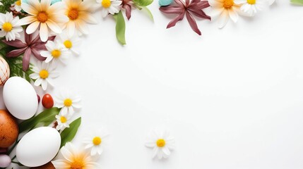 Naklejka na ściany i meble Easter frame with flowers and eggs on white
