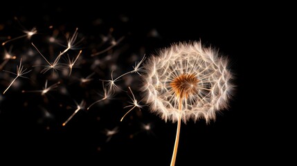  background White dandelion with flying seeds in the wind on a dark blue background. copy space
