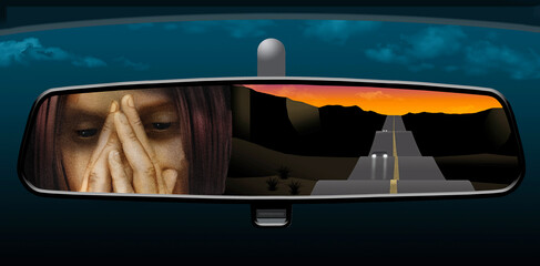 A woman driving shows signs of fatigue during a long drive at night in a 3- illustration about staying awake while driving.