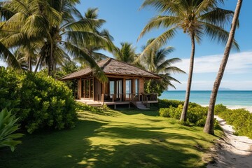 Fototapeta na wymiar Idyllic tropical bungalow surrounded by palm trees, sandy beach, and pristine ocean. Generative AI
