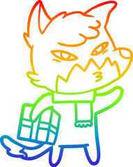 rainbow gradient line drawing of a clever cartoon fox