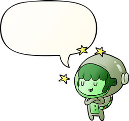 cartoon female future astronaut in space suit with speech bubble in smooth gradient style