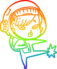 rainbow gradient line drawing of a cartoon astronaut woman