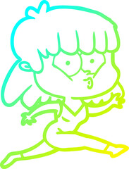 cold gradient line drawing of a cartoon woman running