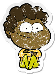 distressed sticker of a cartoon happy man