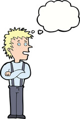 cartoon boy with folded arms with thought bubble