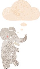 cartoon elephant with thought bubble in grunge distressed retro textured style