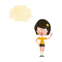 cartoon pretty girl waving with thought bubble