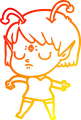 warm gradient line drawing of a cartoon alien girl